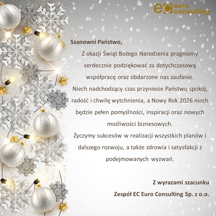 Kartka z życzeniami świątecznymi na Śwwięto Bożego Narodzenia - Serdecznie dziękujemy za dotychczasową współpracę i życzymy Państwu spokoju, radości i chwili wytchnienia a w Nowym Roku 2026 samej pomyślności, zdrowia i nowych możliwości.